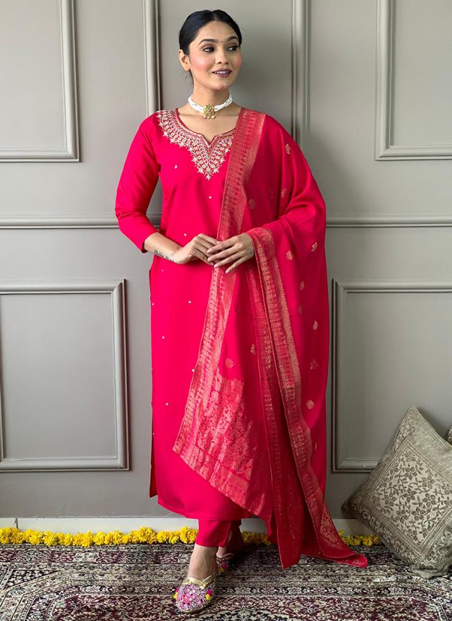 Viscose Chanderi Hot Pink Traditional Wear Zari Work Readymade Suit